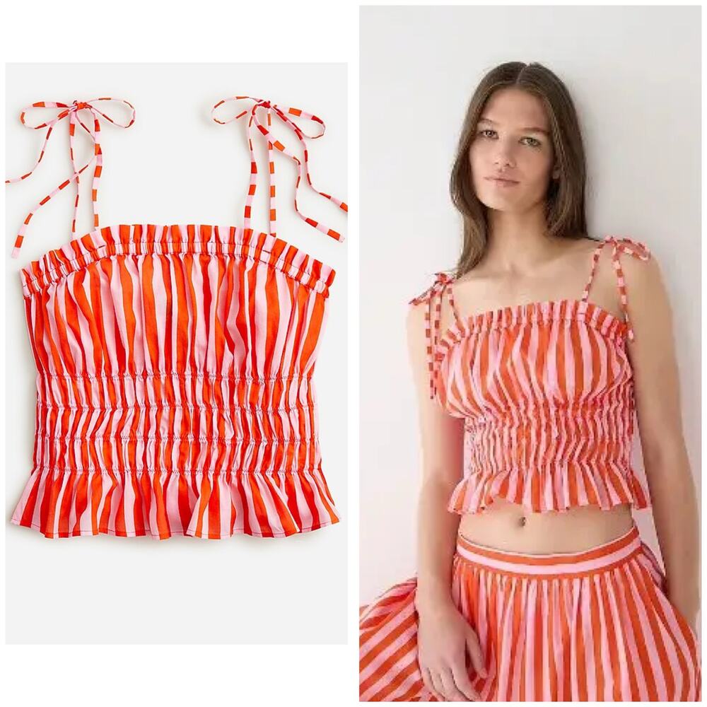 J. Crew Smocked Cotton Voile Top Stripe Size XS Red Pink Tie Straps Vday